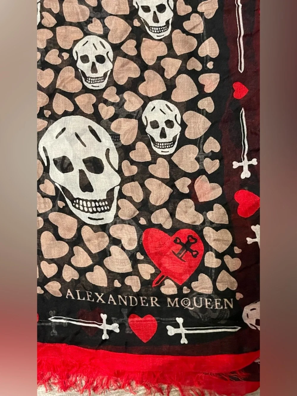Alexander McQueen Black/Red/Pink Modal/Silk Dagger And Hearts Skull Scarf